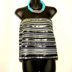 Top Own Kind Vintage Sequin Strapless striped Tube embroidered